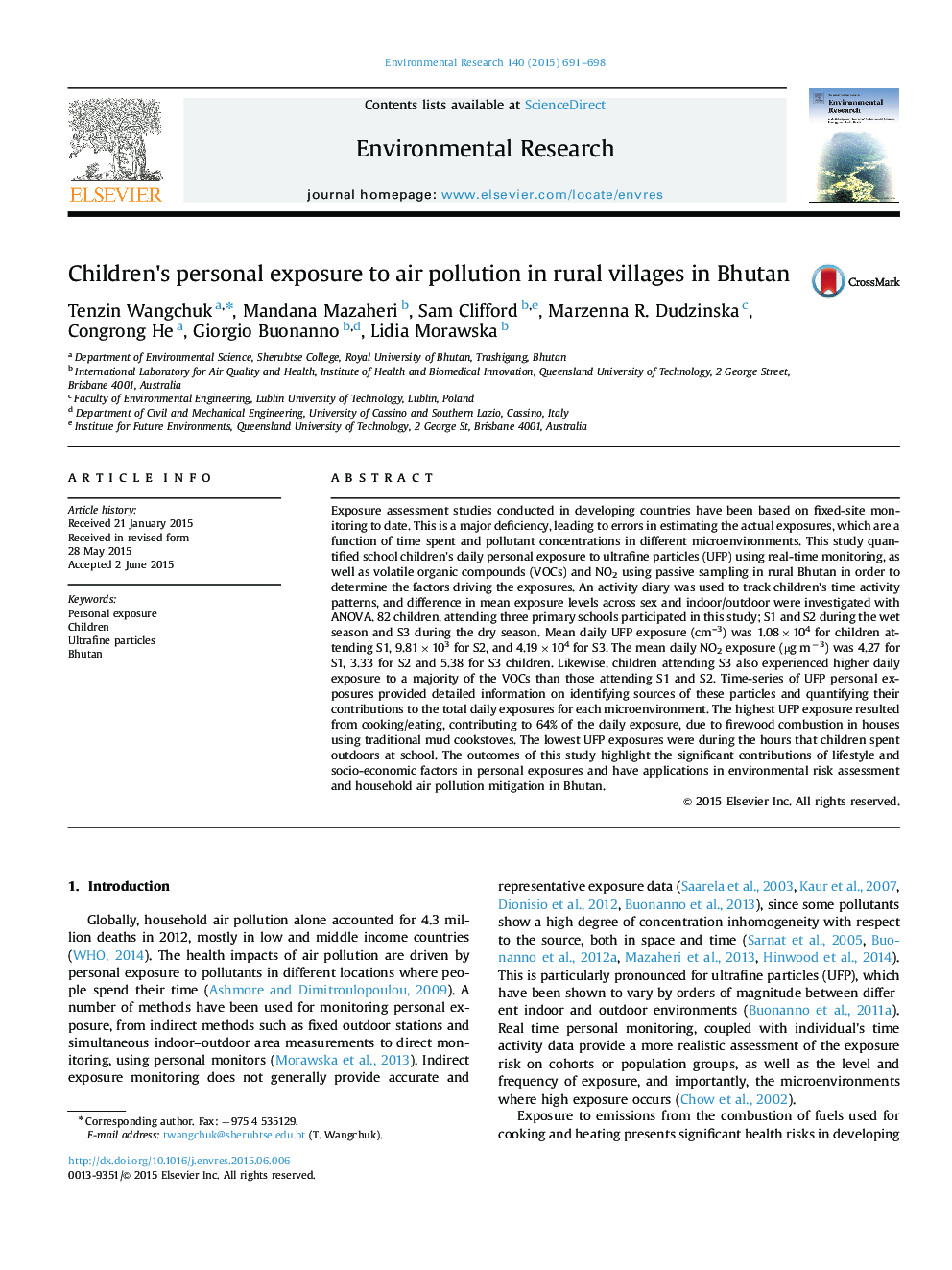 Children's personal exposure to air pollution in rural villages in Bhutan