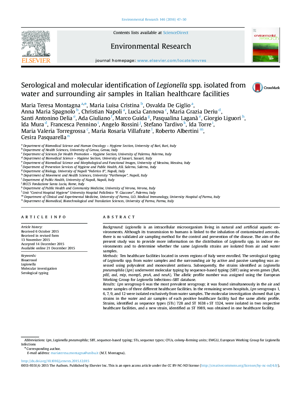 Serological and molecular identification of Legionella spp. isolated from water and surrounding air samples in Italian healthcare facilities