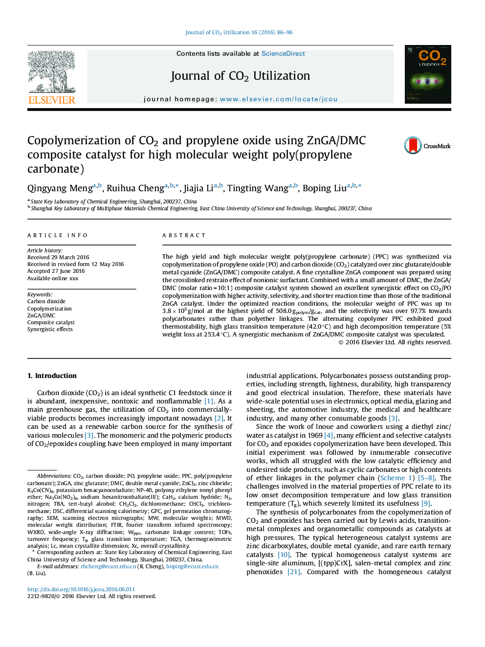 copolymerization از CO2 و پروپیلن اکسید با استفاده از کاتالیزور کامپوزیت ZnGA DMC برای پلی(کربنات پروپیلن) با وزن مولکولی بالا 