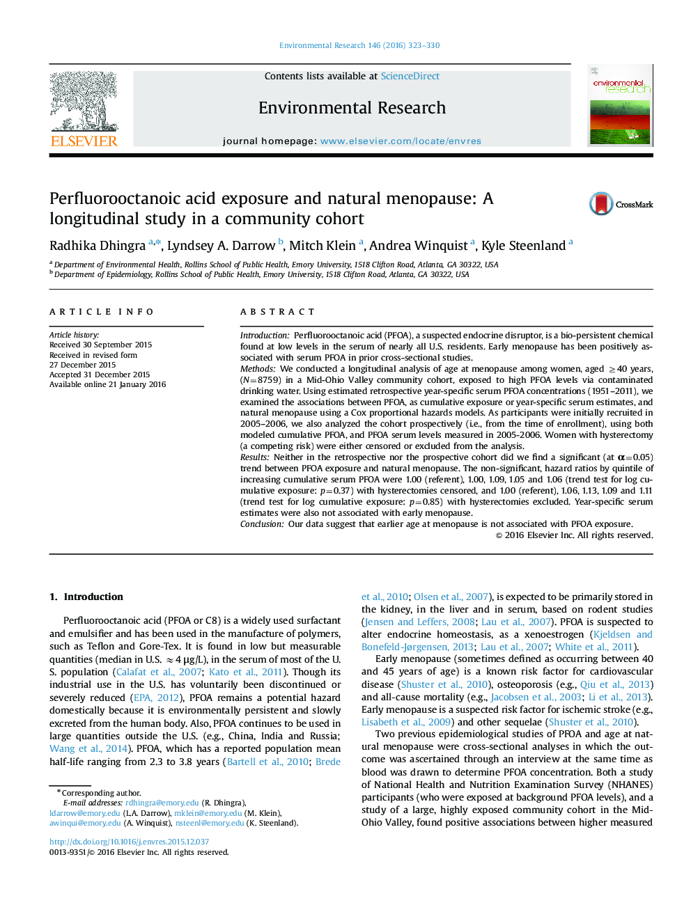 Perfluorooctanoic acid exposure and natural menopause: A longitudinal study in a community cohort