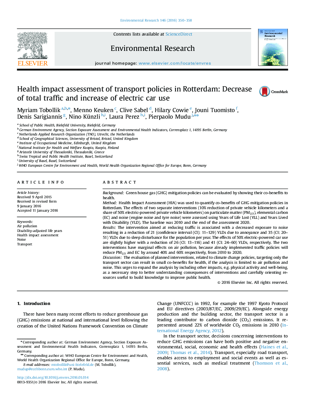 Health impact assessment of transport policies in Rotterdam: Decrease of total traffic and increase of electric car use