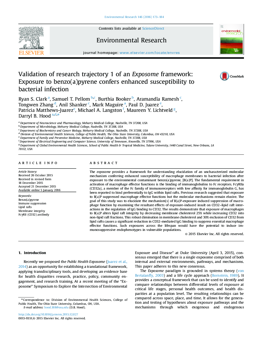 Validation of research trajectory 1 of an Exposome framework: Exposure to benzo(a)pyrene confers enhanced susceptibility to bacterial infection