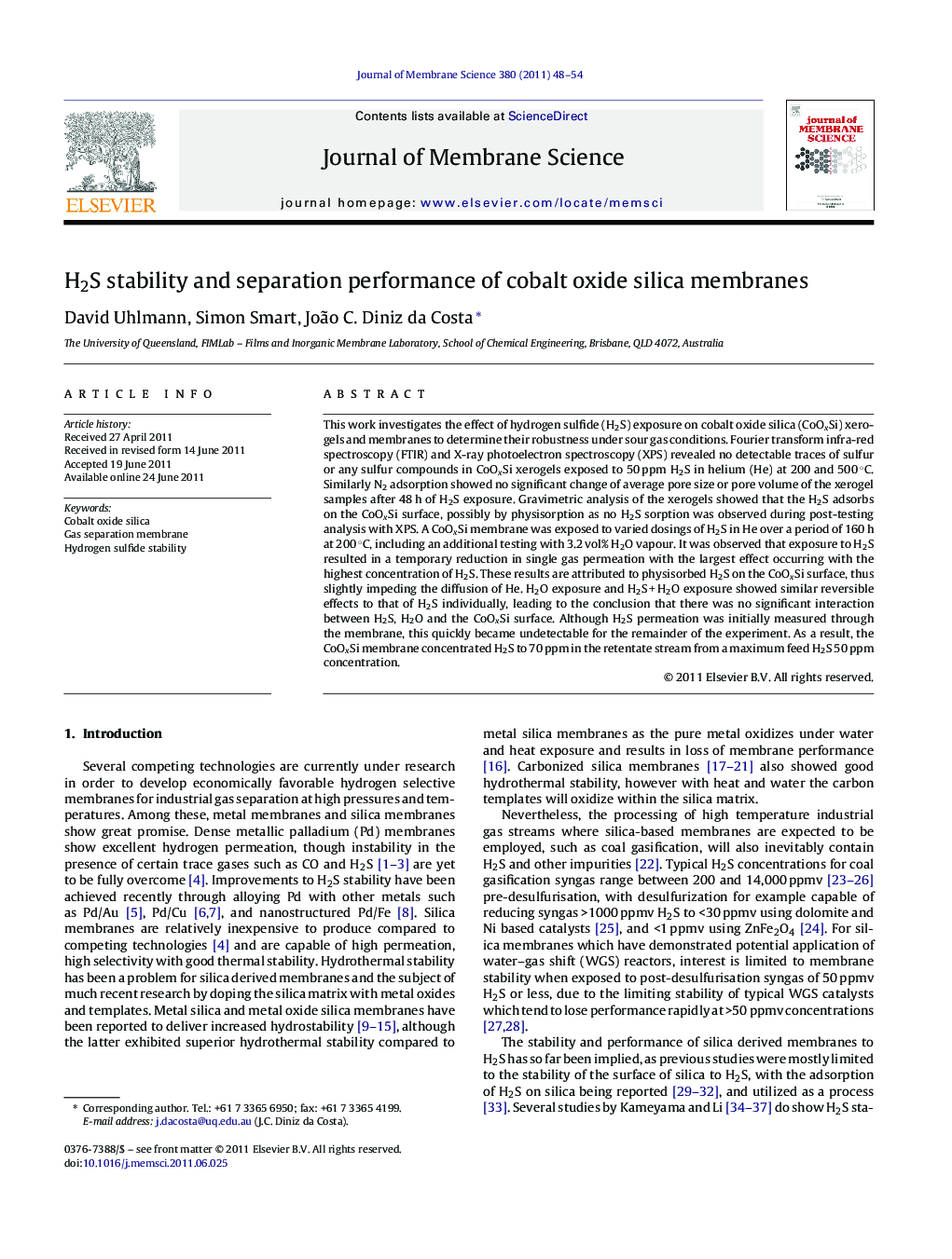 H2S stability and separation performance of cobalt oxide silica membranes