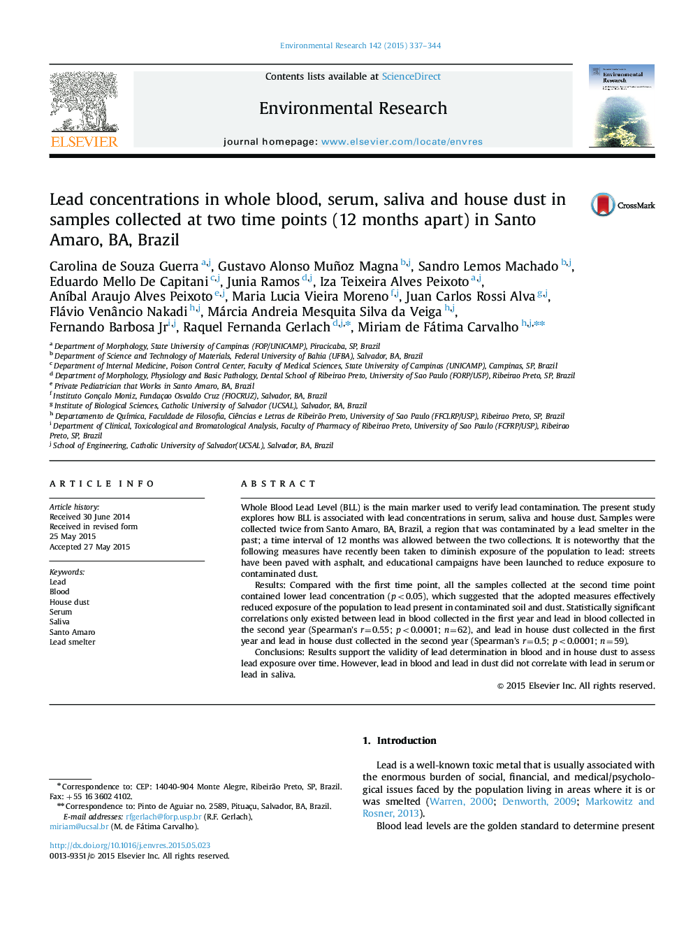 Lead concentrations in whole blood, serum, saliva and house dust in samples collected at two time points (12 months apart) in Santo Amaro, BA, Brazil