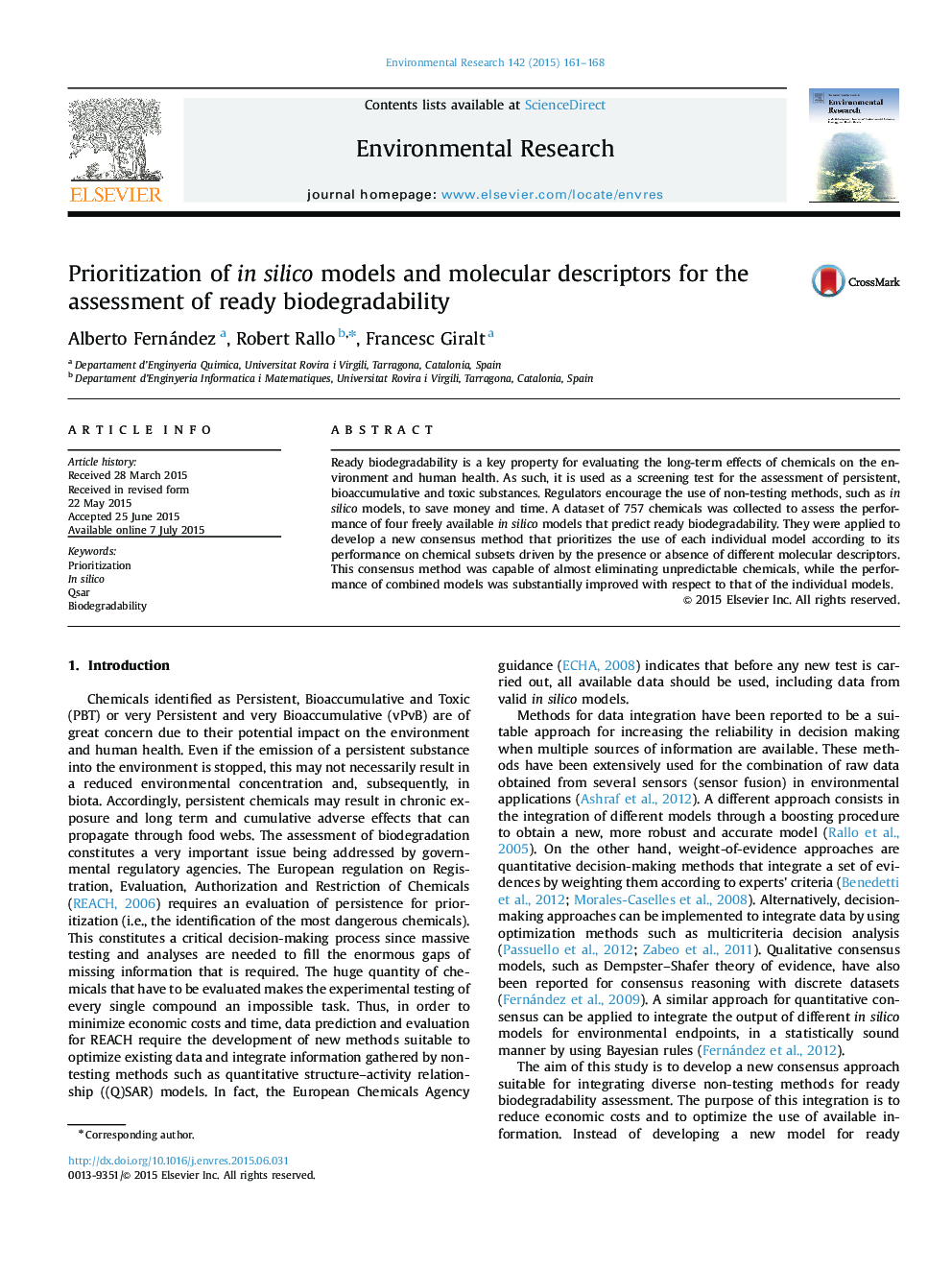 Prioritization of in silico models and molecular descriptors for the assessment of ready biodegradability