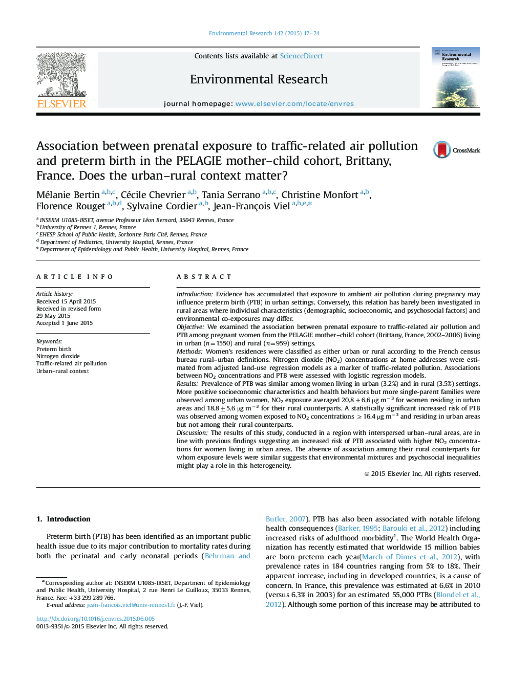 Association between prenatal exposure to traffic-related air pollution and preterm birth in the PELAGIE mother-child cohort, Brittany, France. Does the urban-rural context matter?