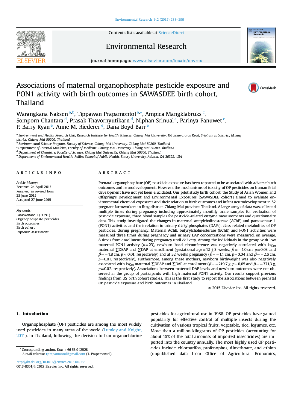 Associations of maternal organophosphate pesticide exposure and PON1 activity with birth outcomes in SAWASDEE birth cohort, Thailand