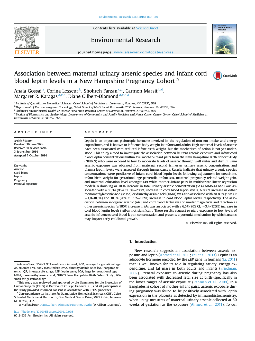 Association between maternal urinary arsenic species and infant cord blood leptin levels in a New Hampshire Pregnancy Cohort