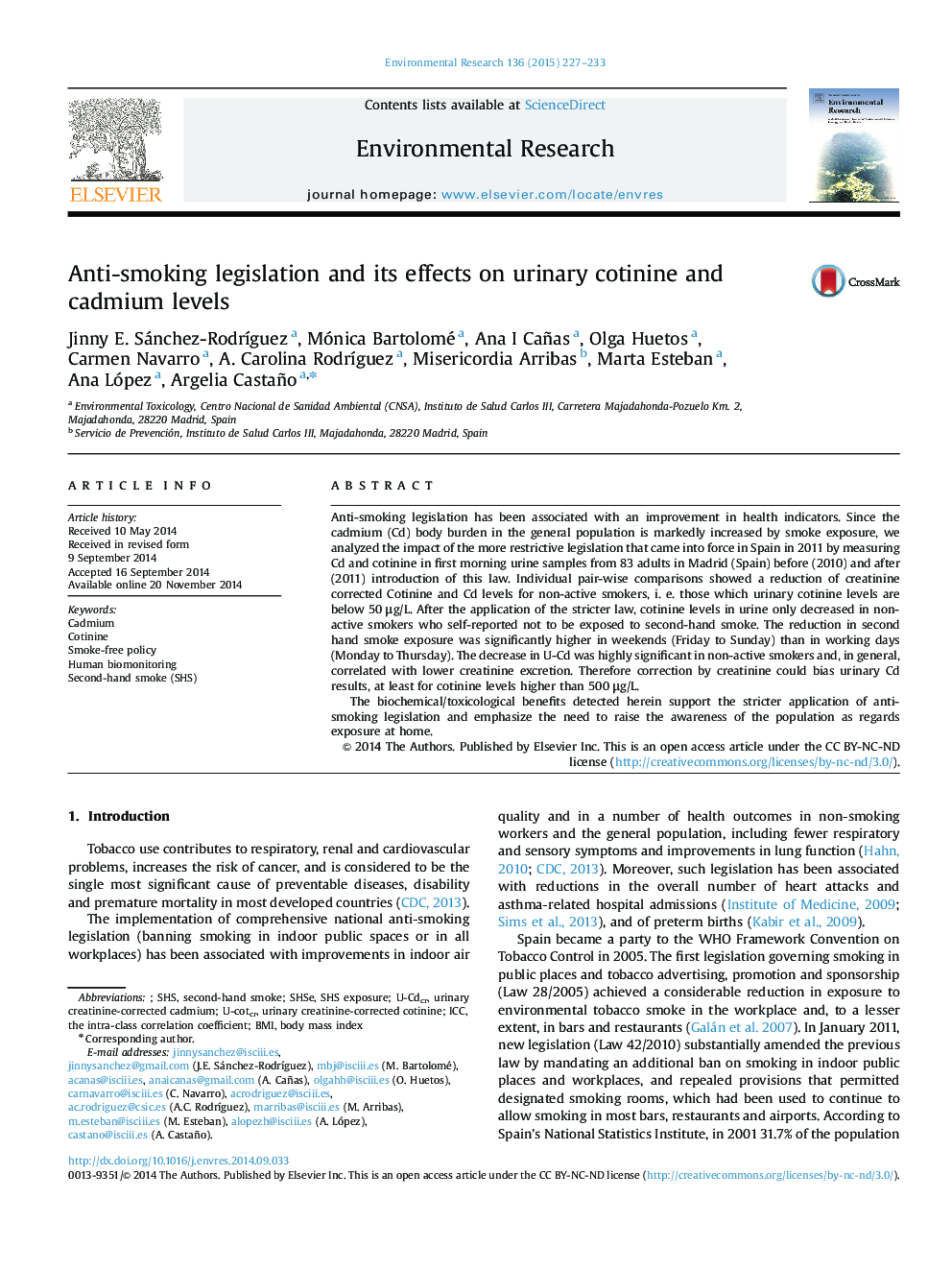 Anti-smoking legislation and its effects on urinary cotinine and cadmium levels