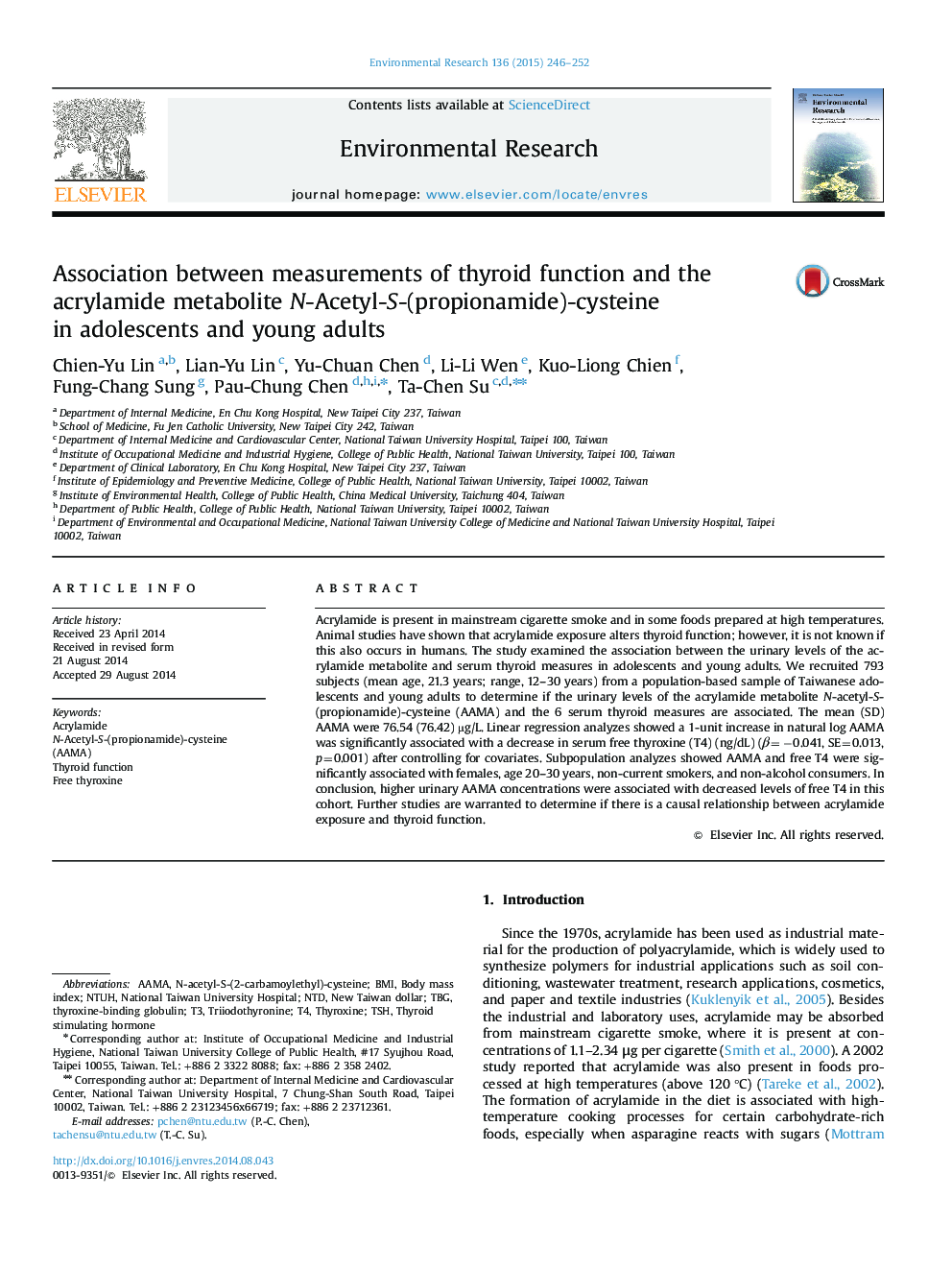 Association between measurements of thyroid function and the acrylamide metabolite N-Acetyl-S-(propionamide)-cysteine in adolescents and young adults