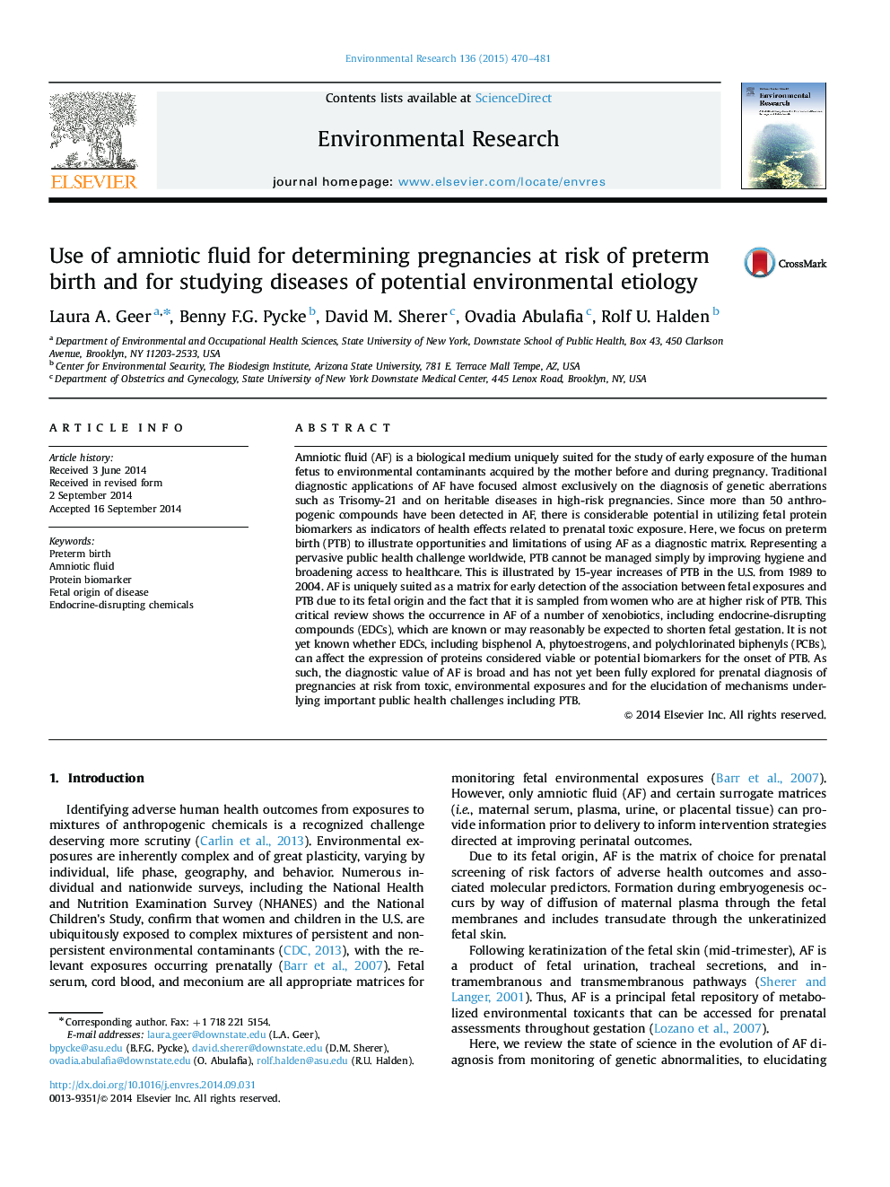 Use of amniotic fluid for determining pregnancies at risk of preterm birth and for studying diseases of potential environmental etiology