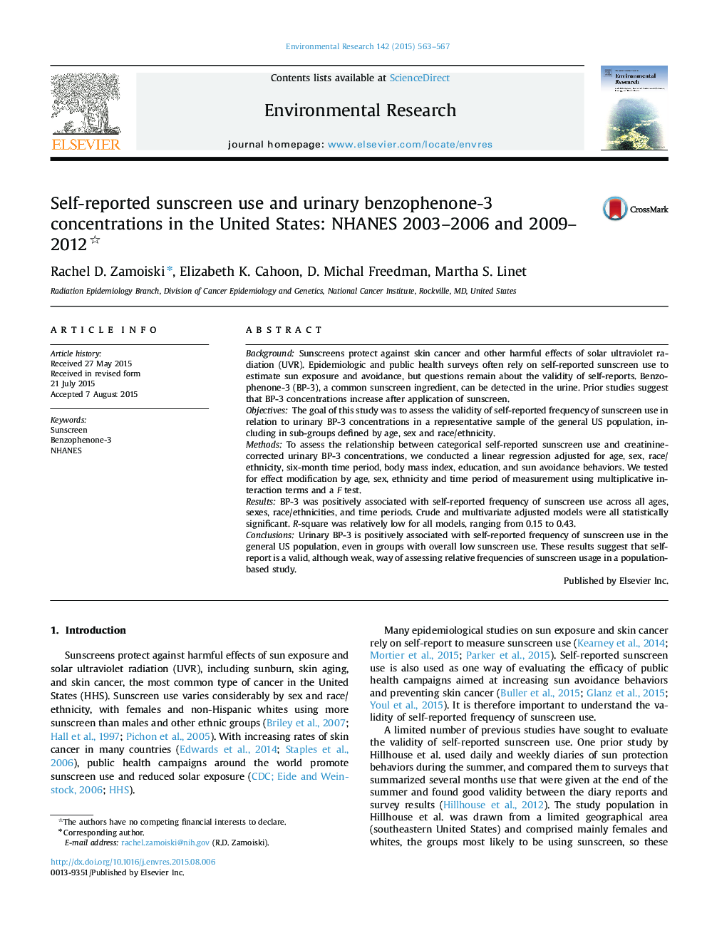 Self-reported sunscreen use and urinary benzophenone-3 concentrations in the United States: NHANES 2003-2006 and 2009-2012