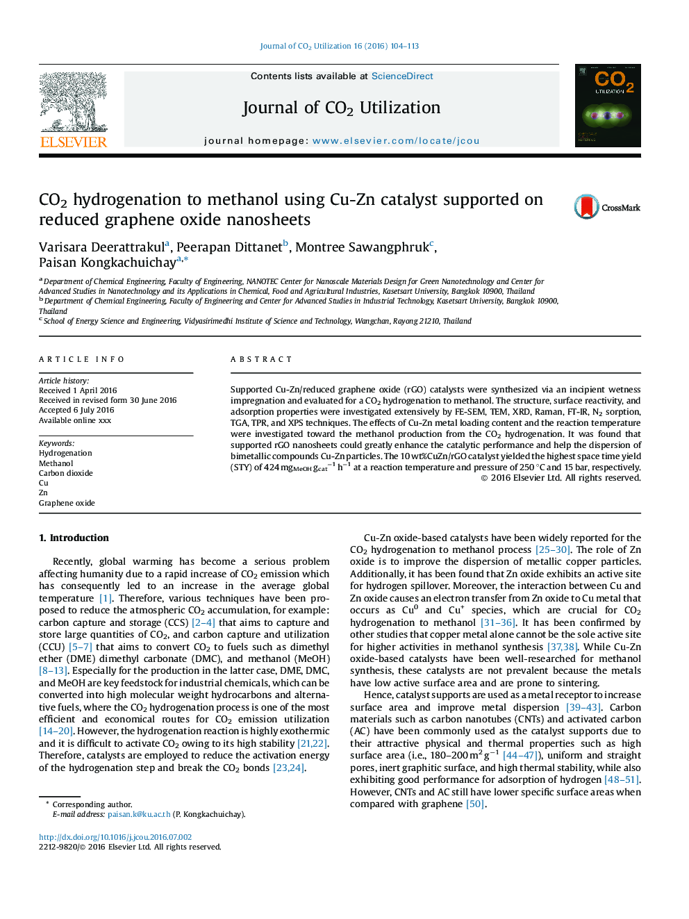 هیدروژناسیون CO2 با متانول با استفاده از کاتالیزور Cu-Zn پشتیبانی شده در نانوصفحات اکسید گرافن کاهشی 