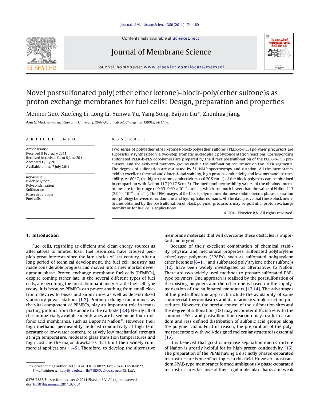 Novel postsulfonated poly(ether ether ketone)-block-poly(ether sulfone)s as proton exchange membranes for fuel cells: Design, preparation and properties