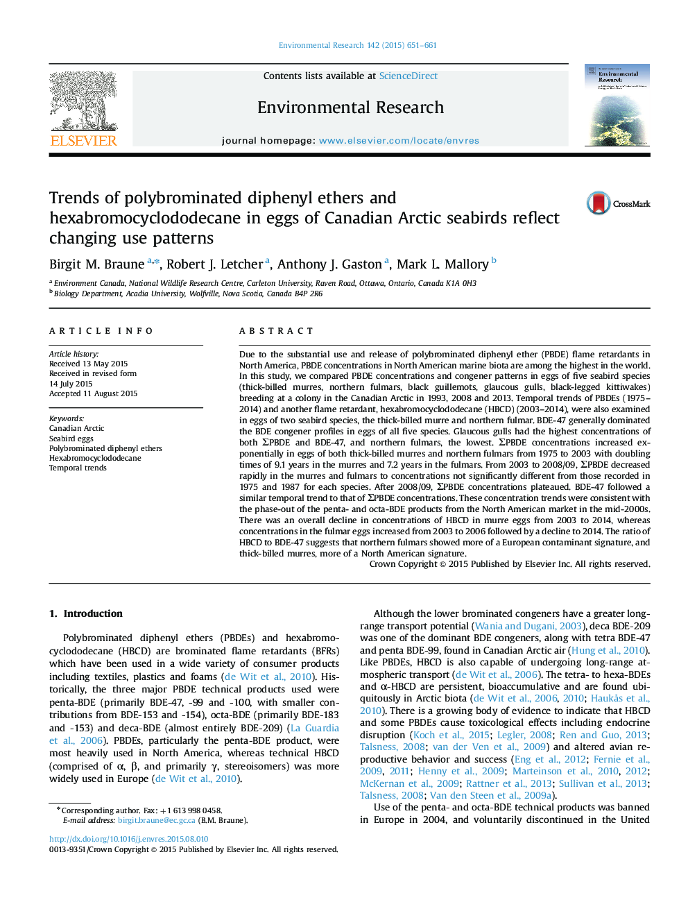 Trends of polybrominated diphenyl ethers and hexabromocyclododecane in eggs of Canadian Arctic seabirds reflect changing use patterns