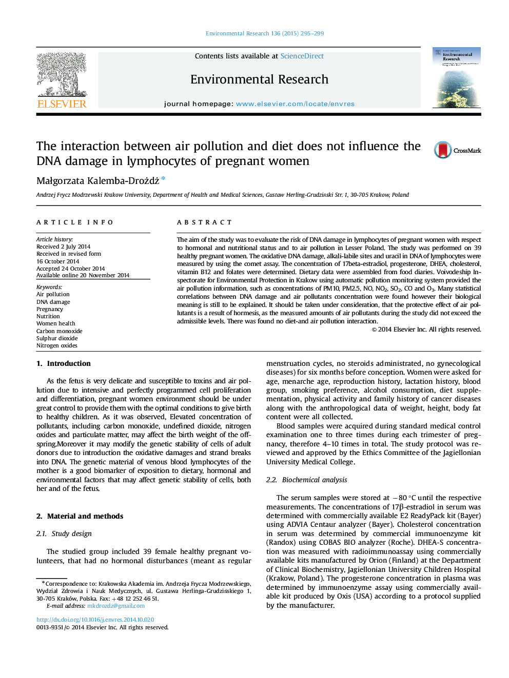 The interaction between air pollution and diet does not influence the DNA damage in lymphocytes of pregnant women