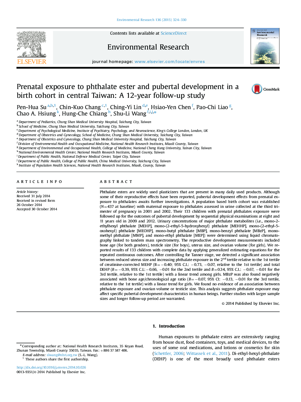 Prenatal exposure to phthalate ester and pubertal development in a birth cohort in central Taiwan: A 12-year follow-up study