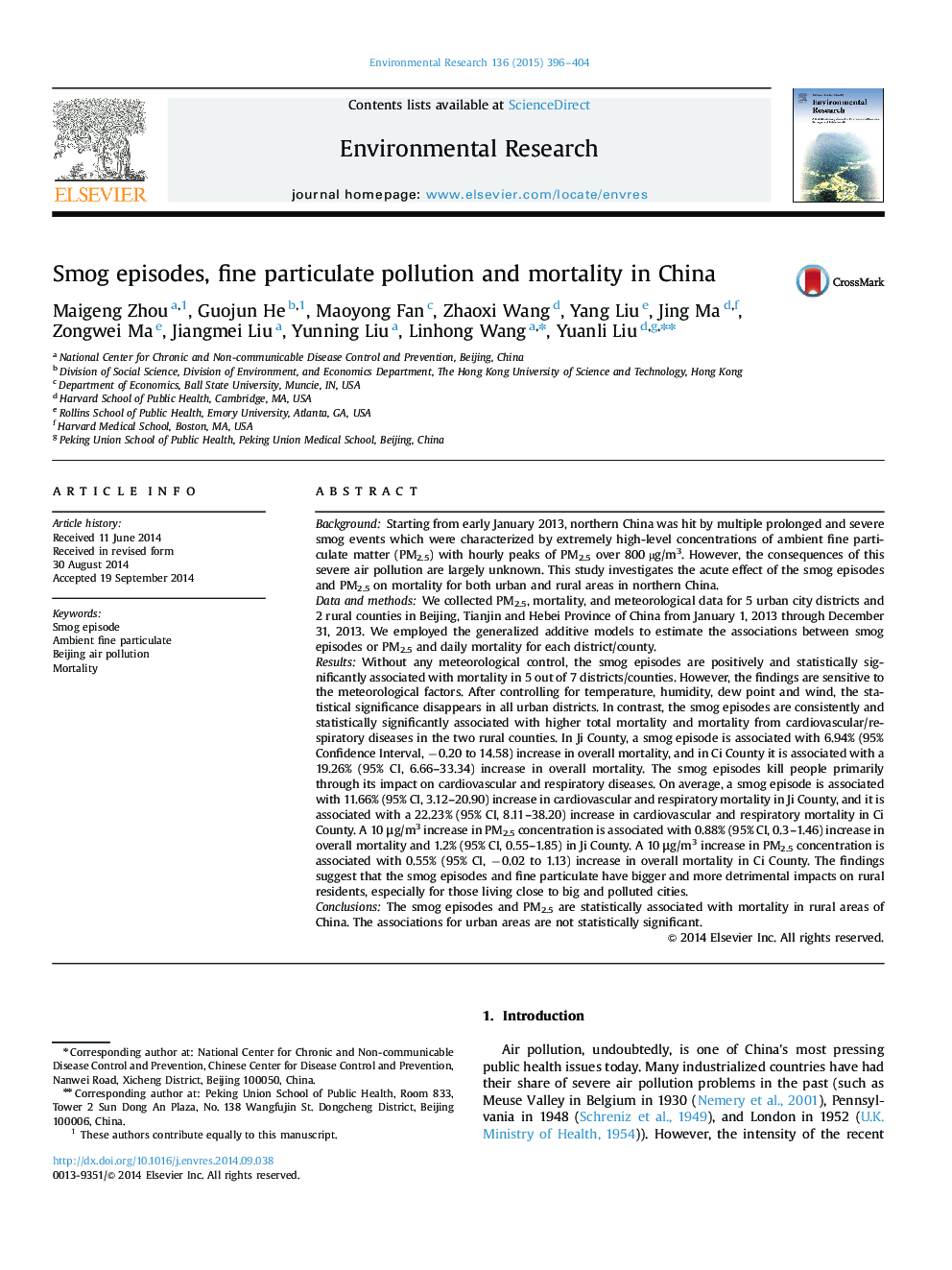 Smog episodes, fine particulate pollution and mortality in China