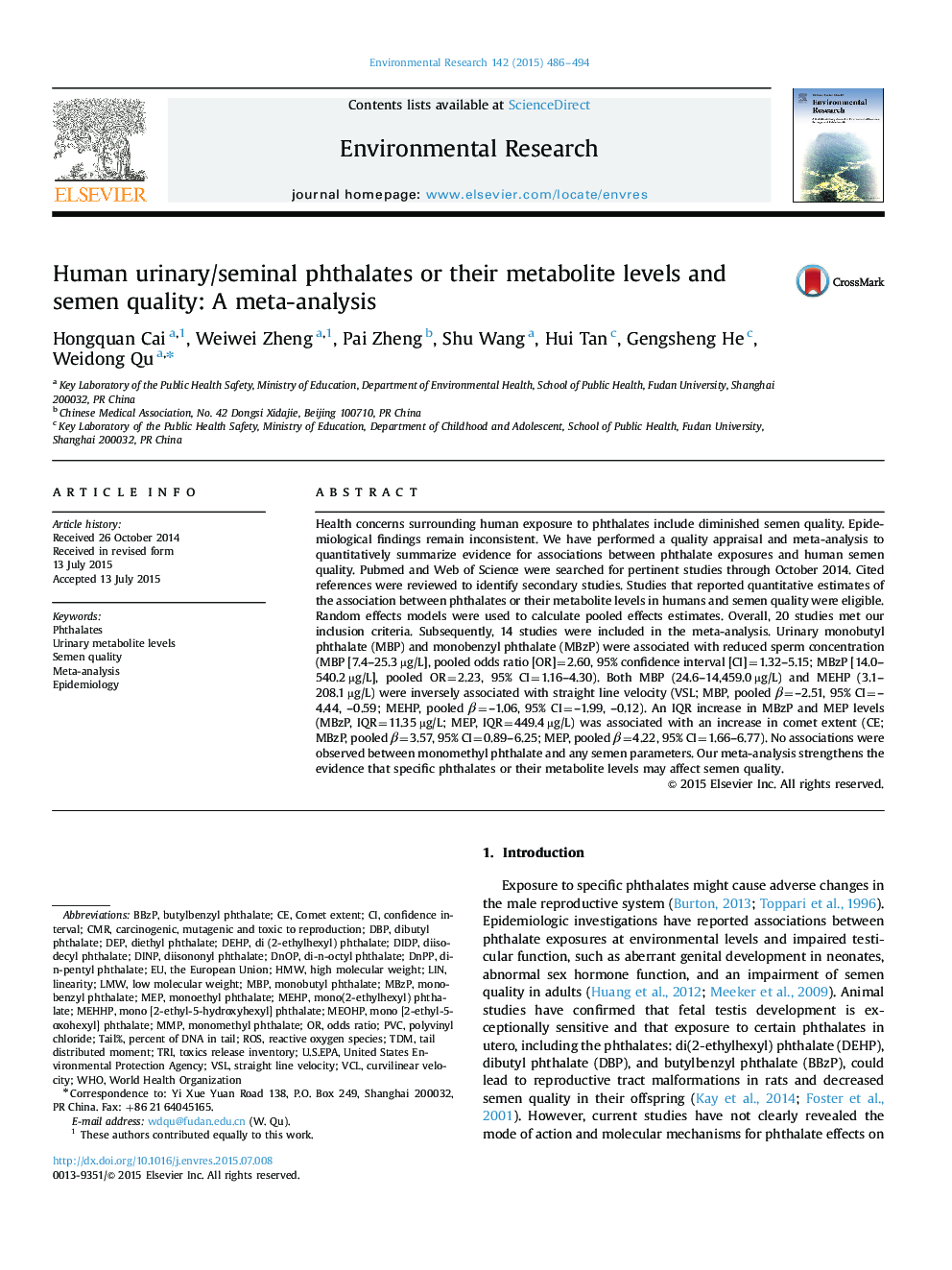 Human urinary/seminal phthalates or their metabolite levels and semen quality: A meta-analysis