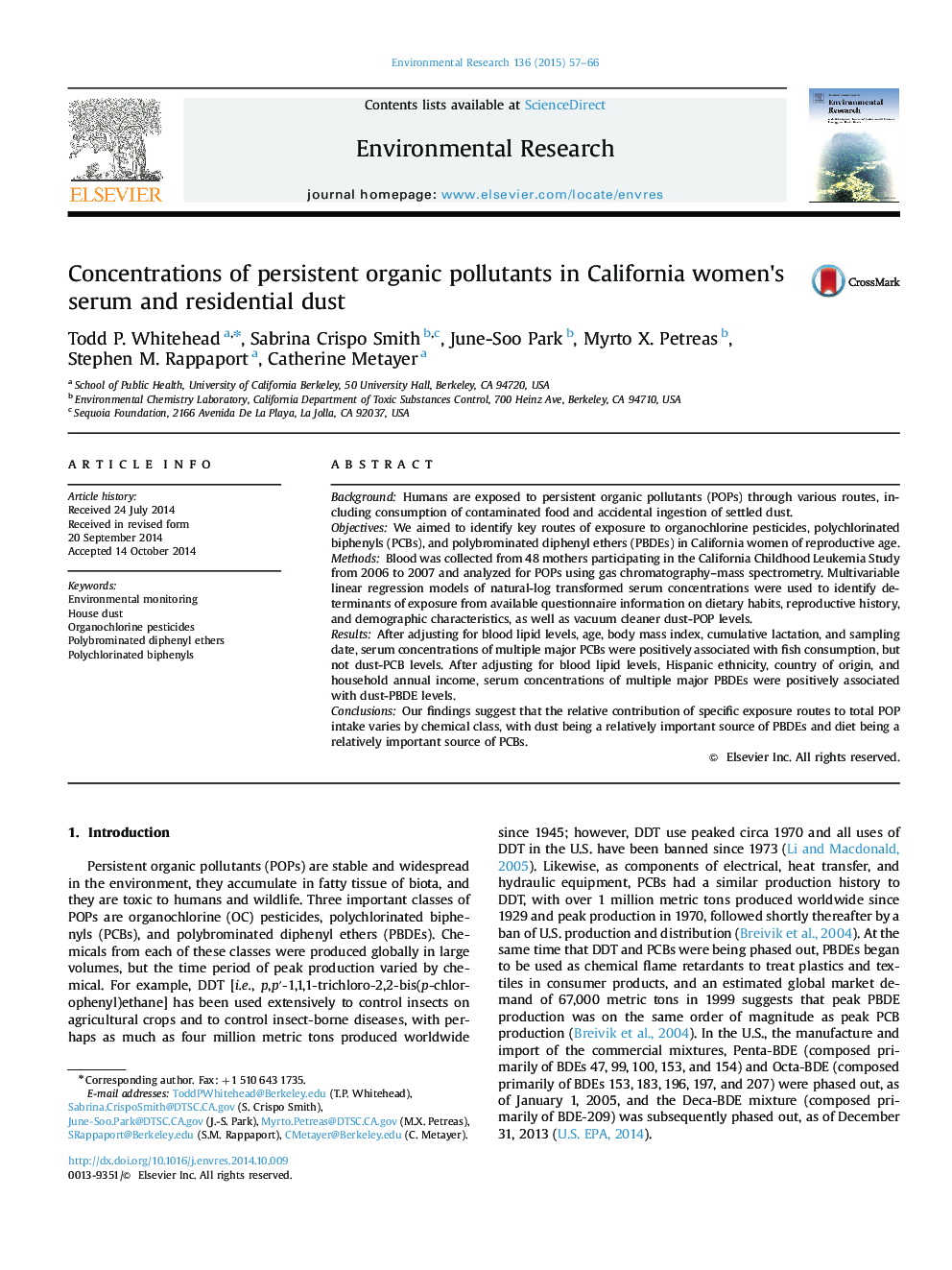 Concentrations of persistent organic pollutants in California women's serum and residential dust