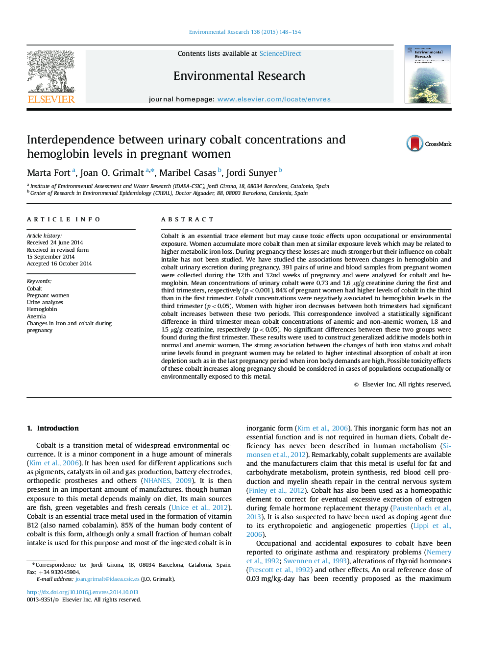 Interdependence between urinary cobalt concentrations and hemoglobin levels in pregnant women