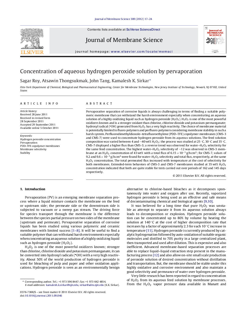 Concentration of aqueous hydrogen peroxide solution by pervaporation