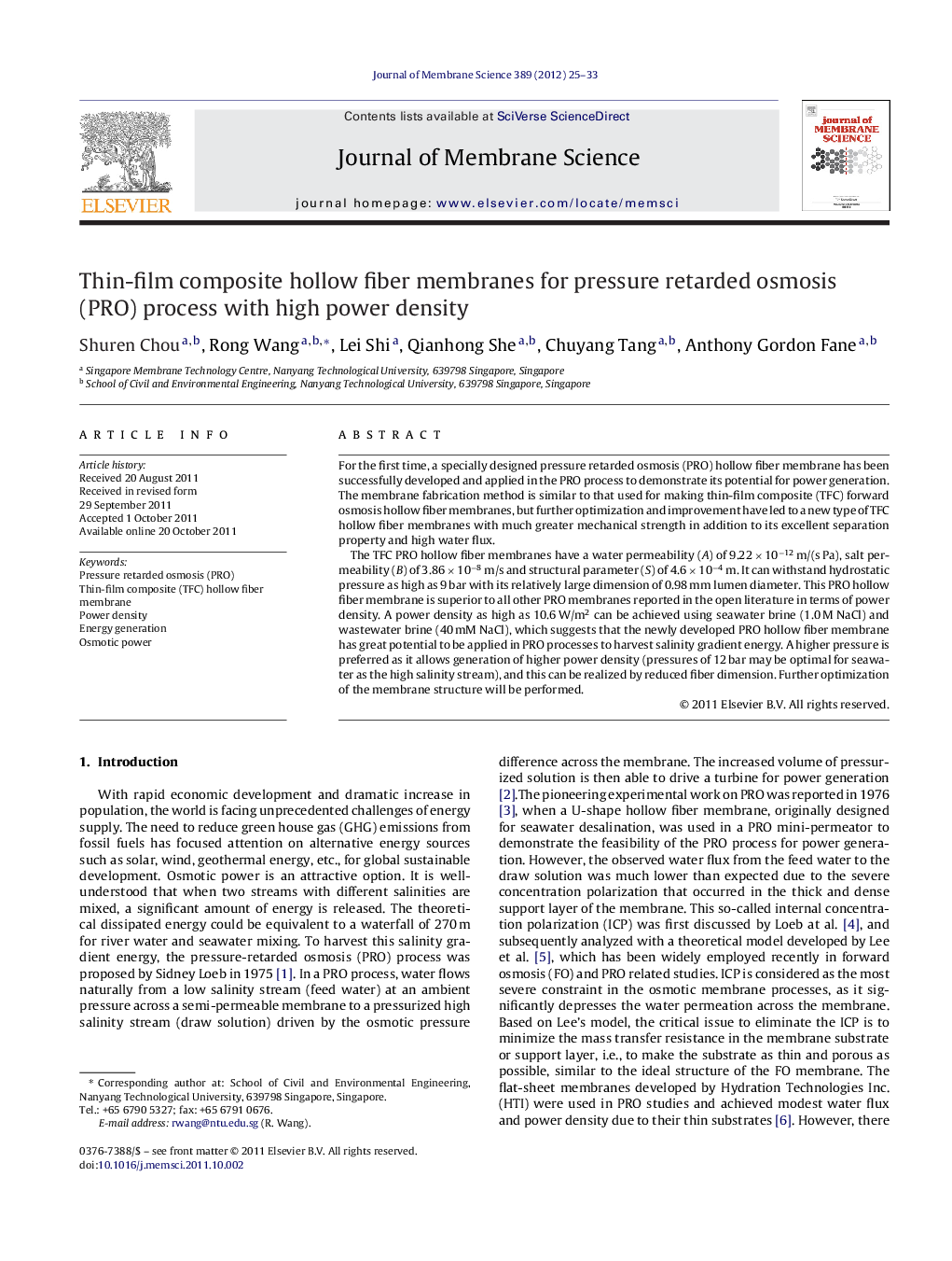 Thin-film composite hollow fiber membranes for pressure retarded osmosis (PRO) process with high power density