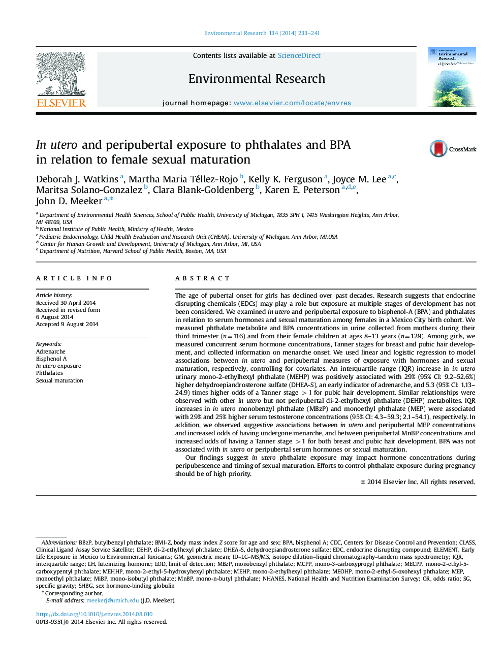In utero and peripubertal exposure to phthalates and BPA in relation to female sexual maturation