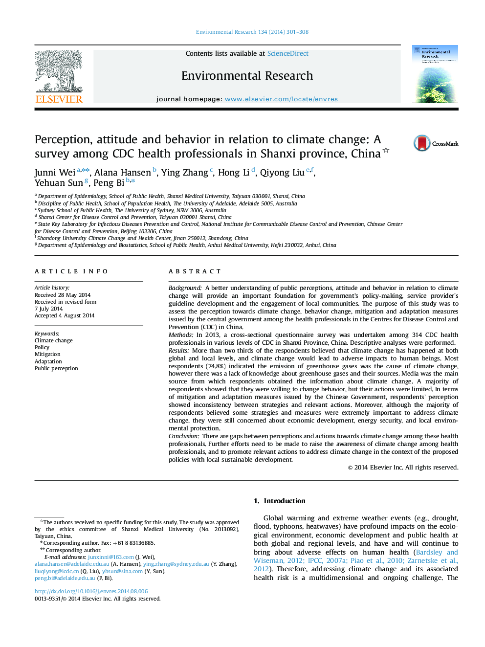 Perception, attitude and behavior in relation to climate change: A survey among CDC health professionals in Shanxi province, China