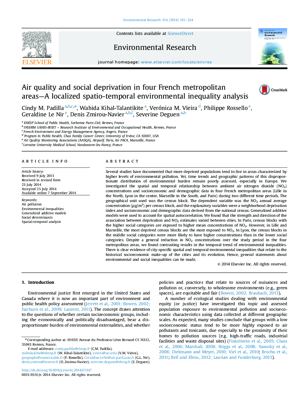 Air quality and social deprivation in four French metropolitan areas-A localized spatio-temporal environmental inequality analysis