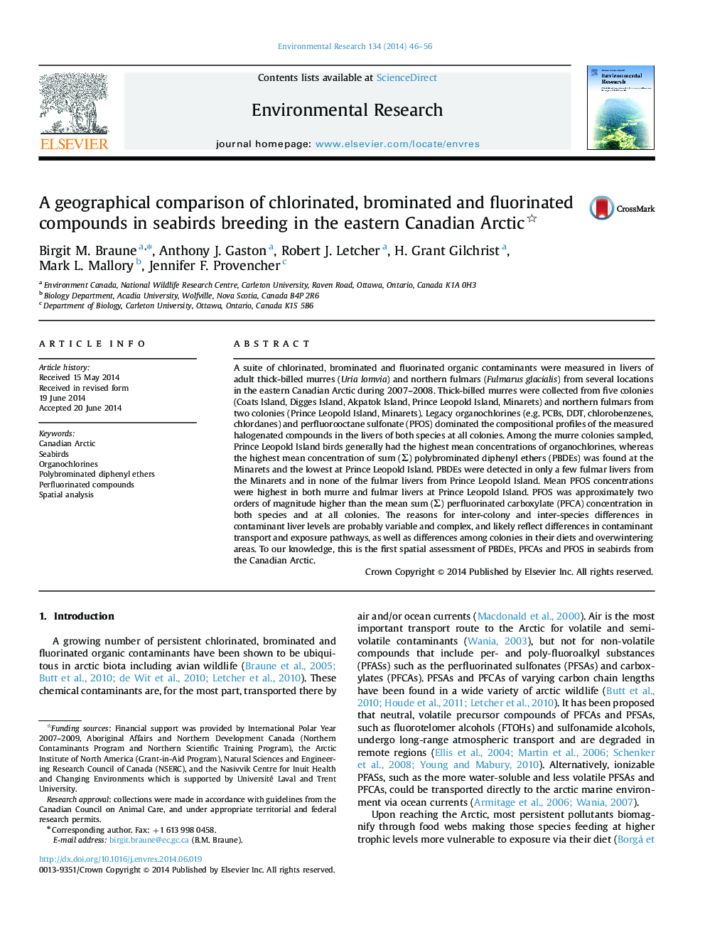 A geographical comparison of chlorinated, brominated and fluorinated compounds in seabirds breeding in the eastern Canadian Arctic