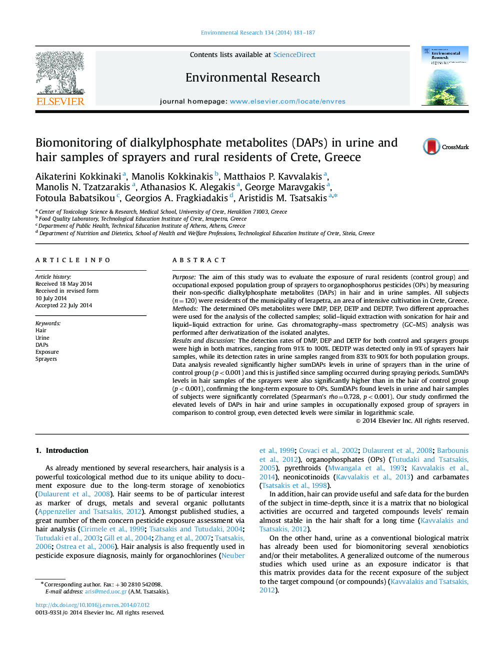 Biomonitoring of dialkylphosphate metabolites (DAPs) in urine and hair samples of sprayers and rural residents of Crete, Greece