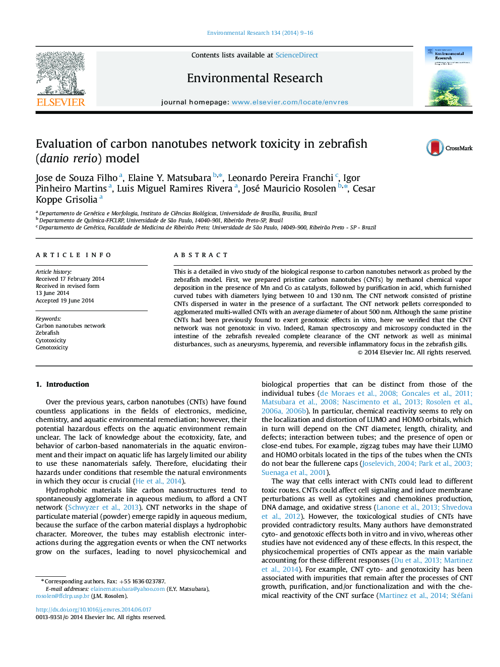 Evaluation of carbon nanotubes network toxicity in zebrafish (danio rerio) model