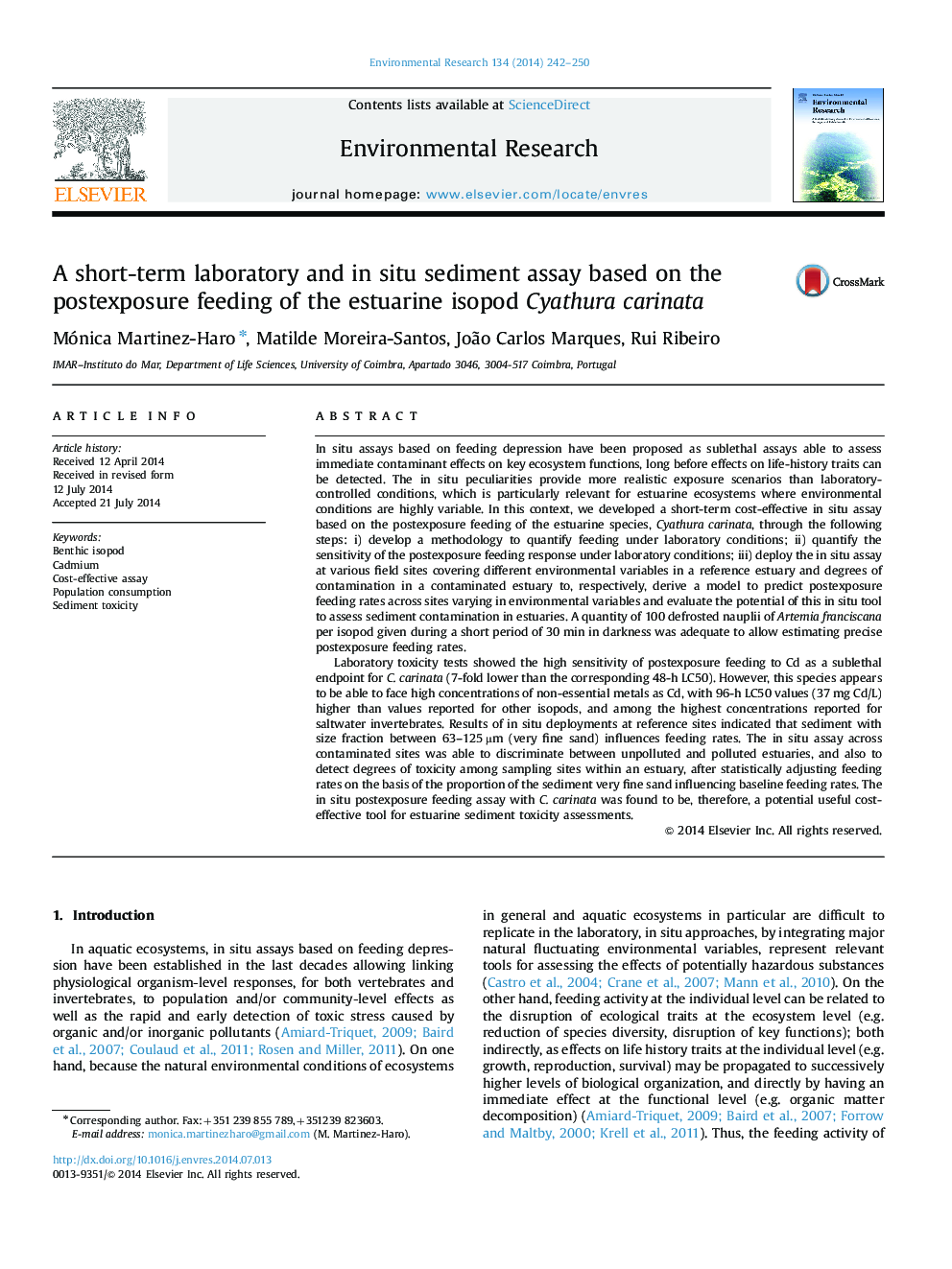 A short-term laboratory and in situ sediment assay based on the postexposure feeding of the estuarine isopod Cyathura carinata