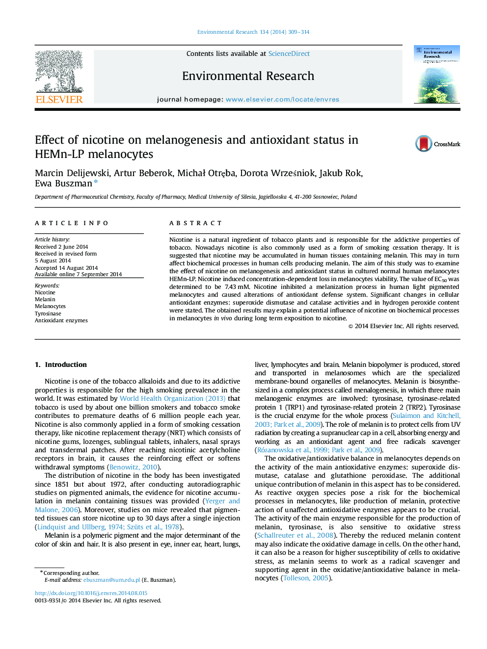 Effect of nicotine on melanogenesis and antioxidant status in HEMn-LP melanocytes