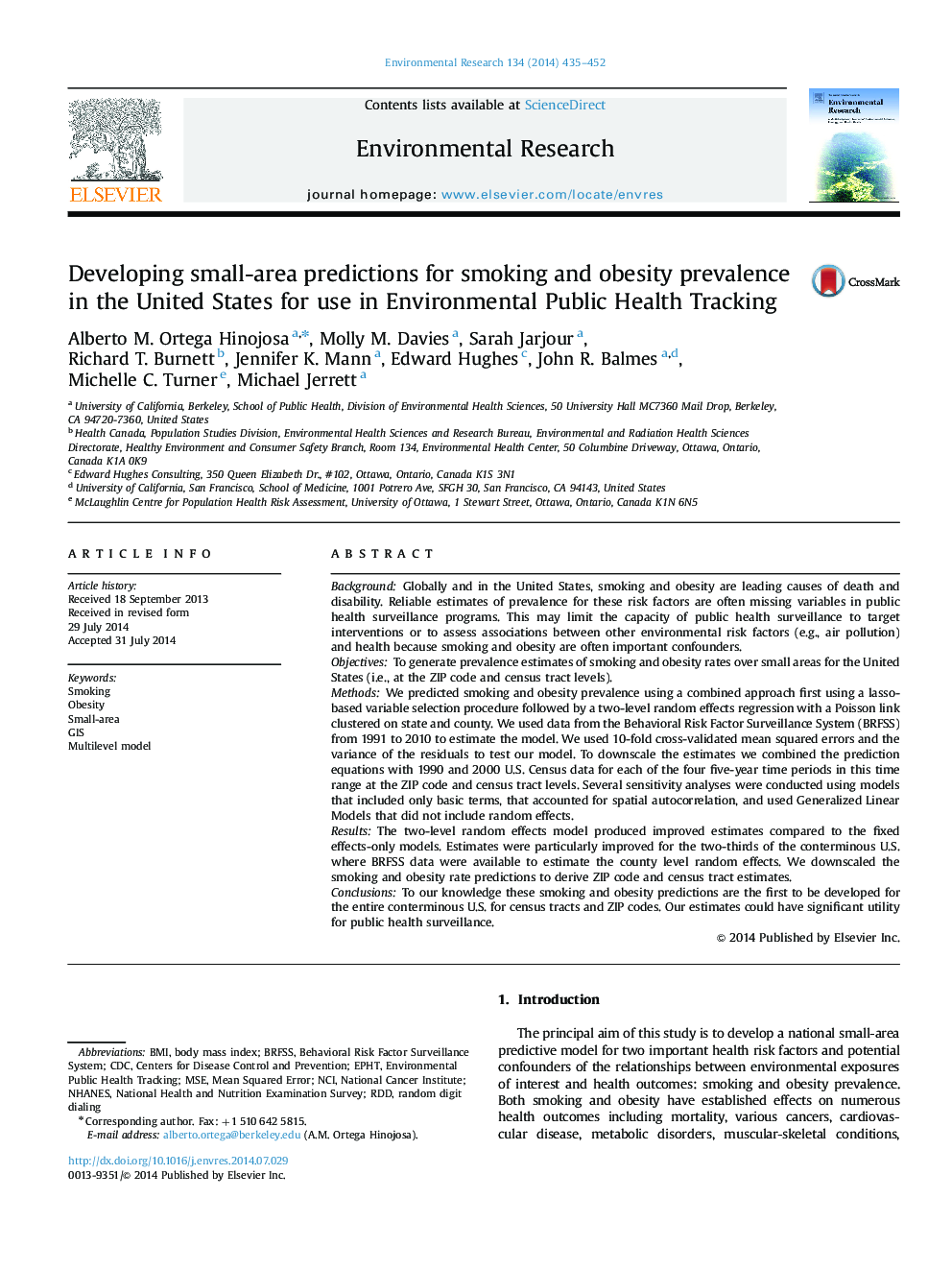 Developing small-area predictions for smoking and obesity prevalence in the United States for use in Environmental Public Health Tracking