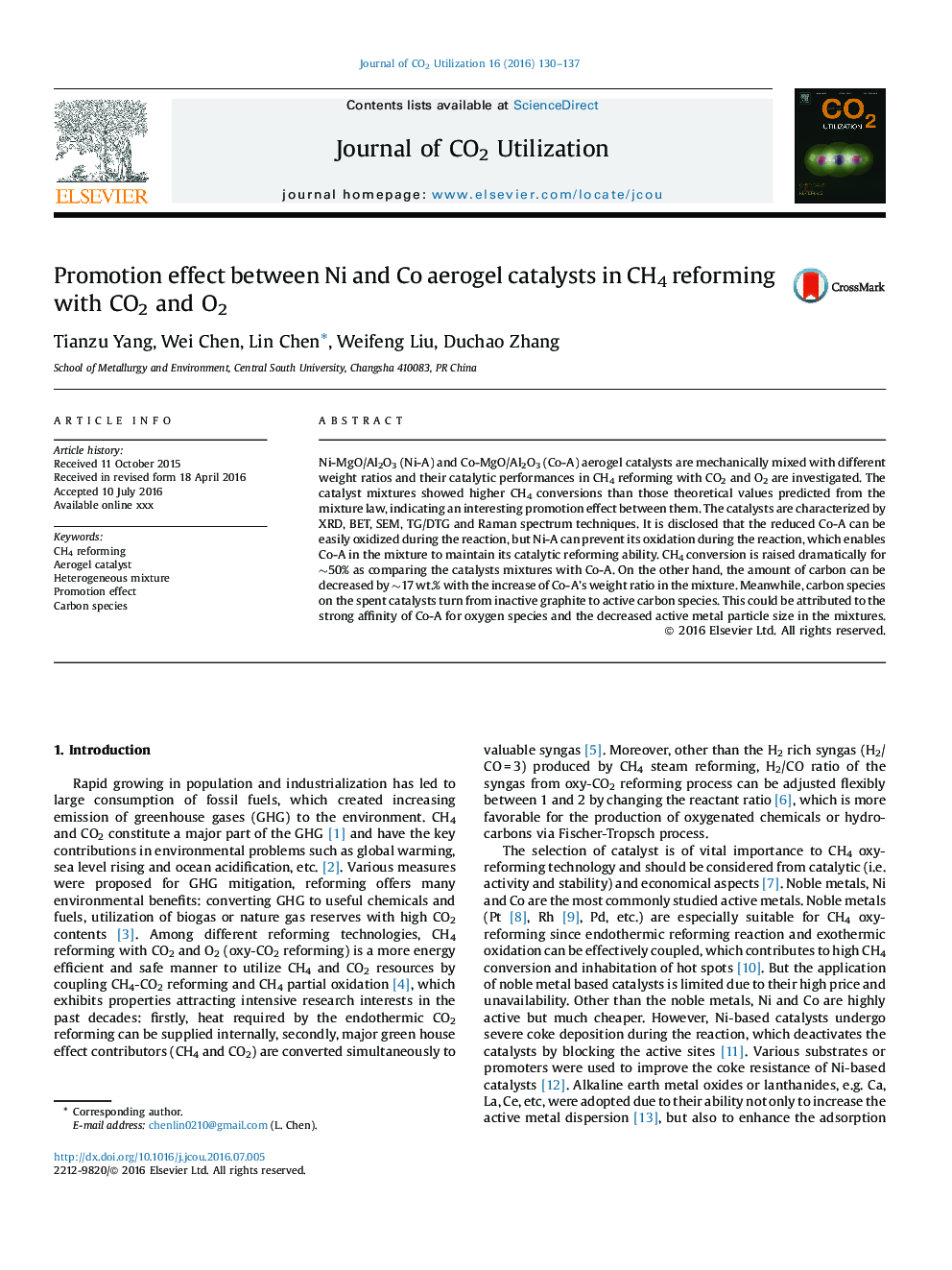 Promotion effect between Ni and Co aerogel catalysts in CH4 reforming with CO2 and O2