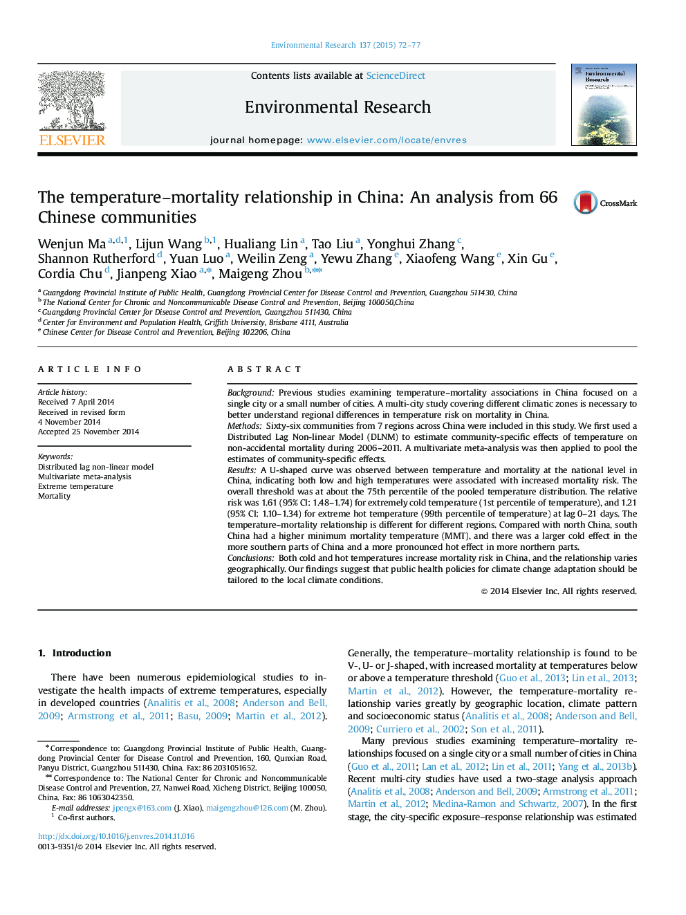 The temperature-mortality relationship in China: An analysis from 66 Chinese communities