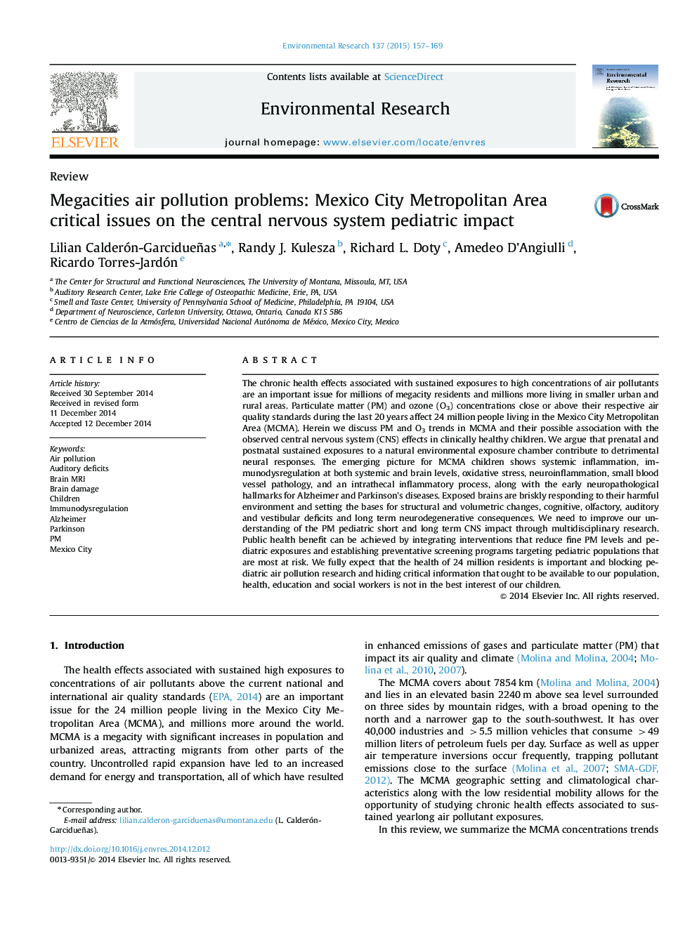 Megacities air pollution problems: Mexico City Metropolitan Area critical issues on the central nervous system pediatric impact