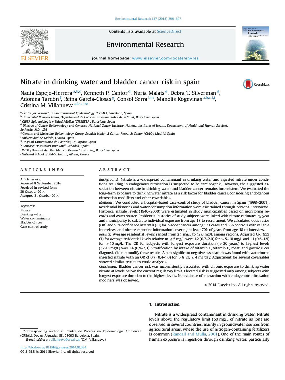 Nitrate in drinking water and bladder cancer risk in Spain