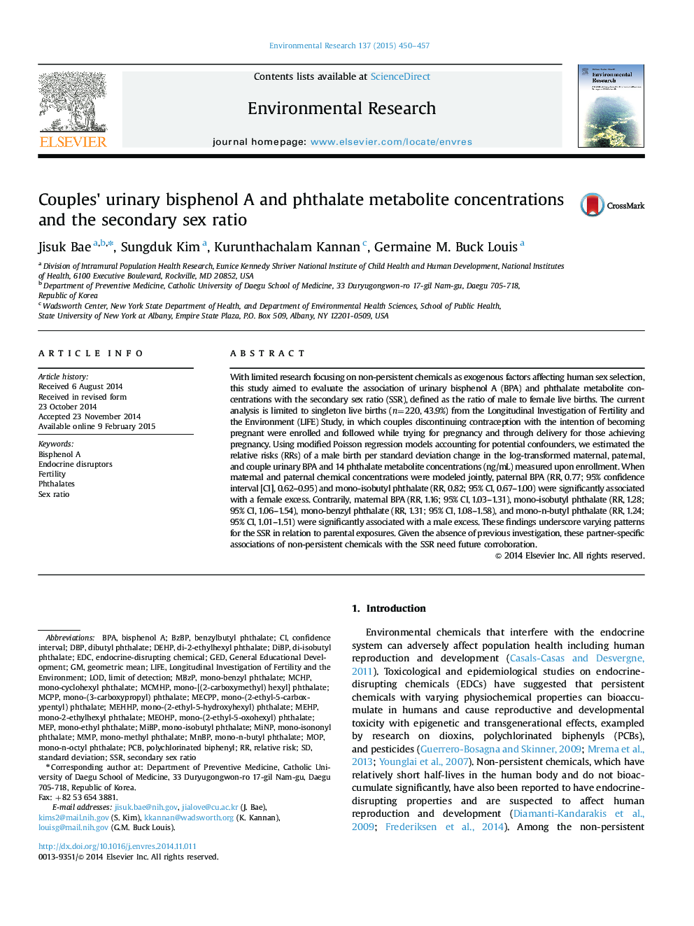 Couples' urinary bisphenol A and phthalate metabolite concentrations and the secondary sex ratio