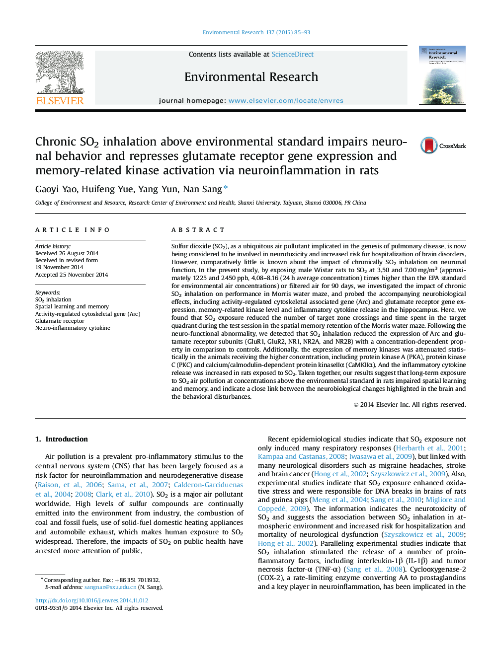 Chronic SO2 inhalation above environmental standard impairs neuronal behavior and represses glutamate receptor gene expression and memory-related kinase activation via neuroinflammation in rats