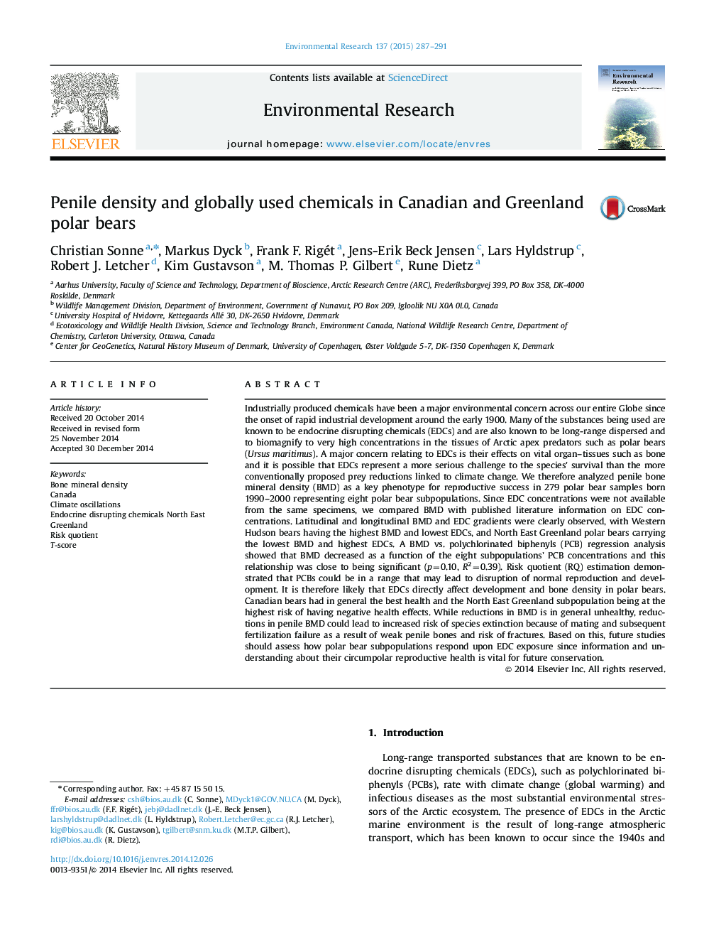 Penile density and globally used chemicals in Canadian and Greenland polar bears