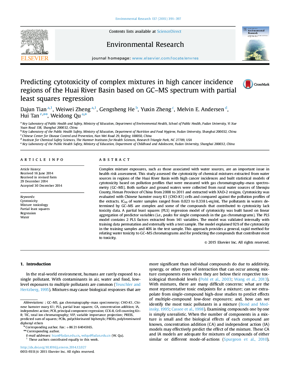 عکس صفحه اول مقاله: Predicting cytotoxicity of complex mixtures in high cancer incidence regions of the Huai River Basin based on GC-MS spectrum with partial least squares regression Predicting cytotoxicity of complex mixtures in high cancer incidence regions of the Huai River Basin based on GC-MS spectrum with partial least squares regression