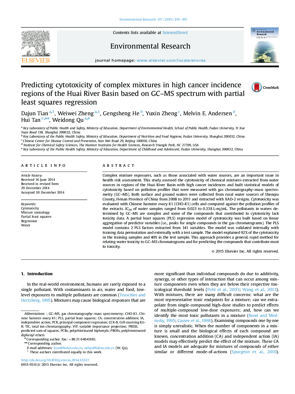 Predicting cytotoxicity of complex mixtures in high cancer incidence regions of the Huai River Basin based on GC-MS spectrum with partial least squares regression