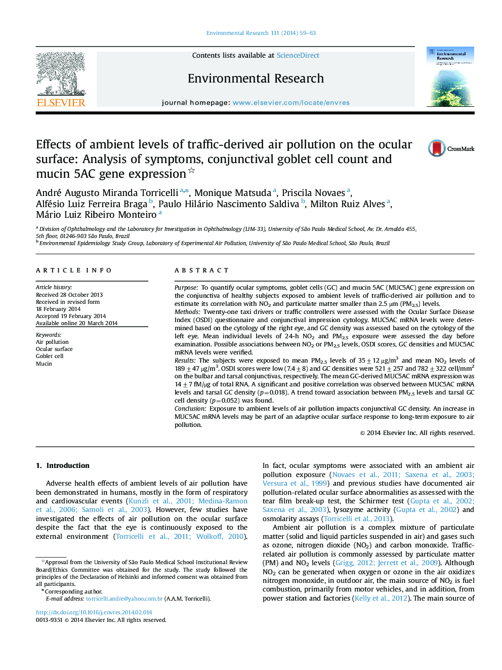 Effects of ambient levels of traffic-derived air pollution on the ocular surface: Analysis of symptoms, conjunctival goblet cell count and mucin 5AC gene expression