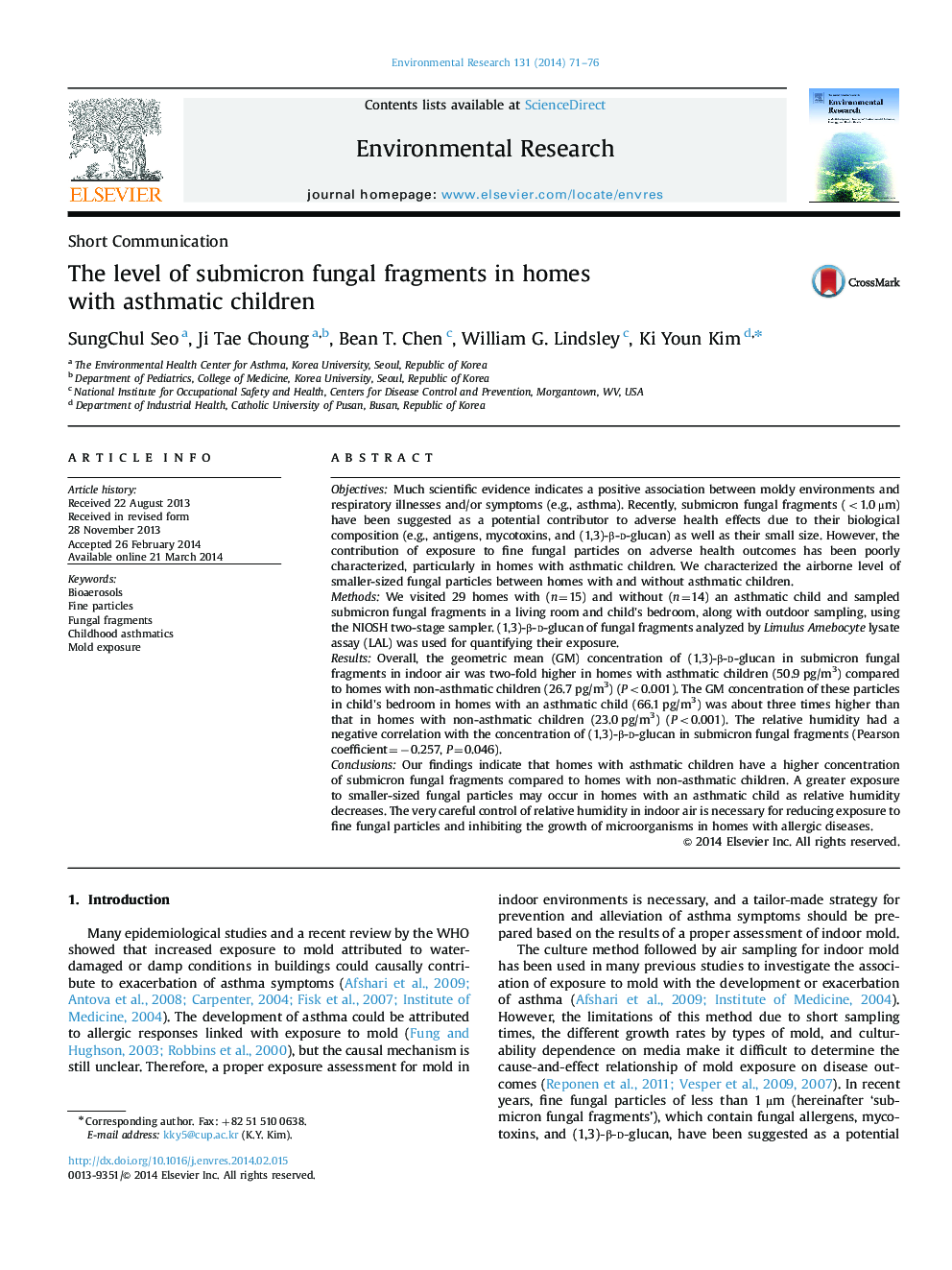 The level of submicron fungal fragments in homes with asthmatic children