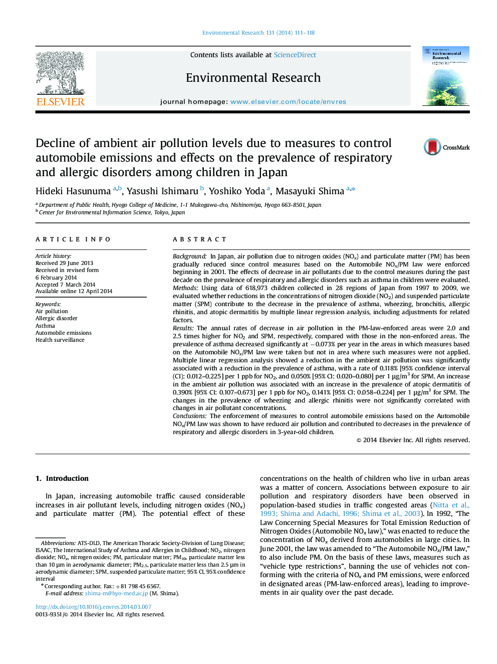 Decline of ambient air pollution levels due to measures to control automobile emissions and effects on the prevalence of respiratory and allergic disorders among children in Japan