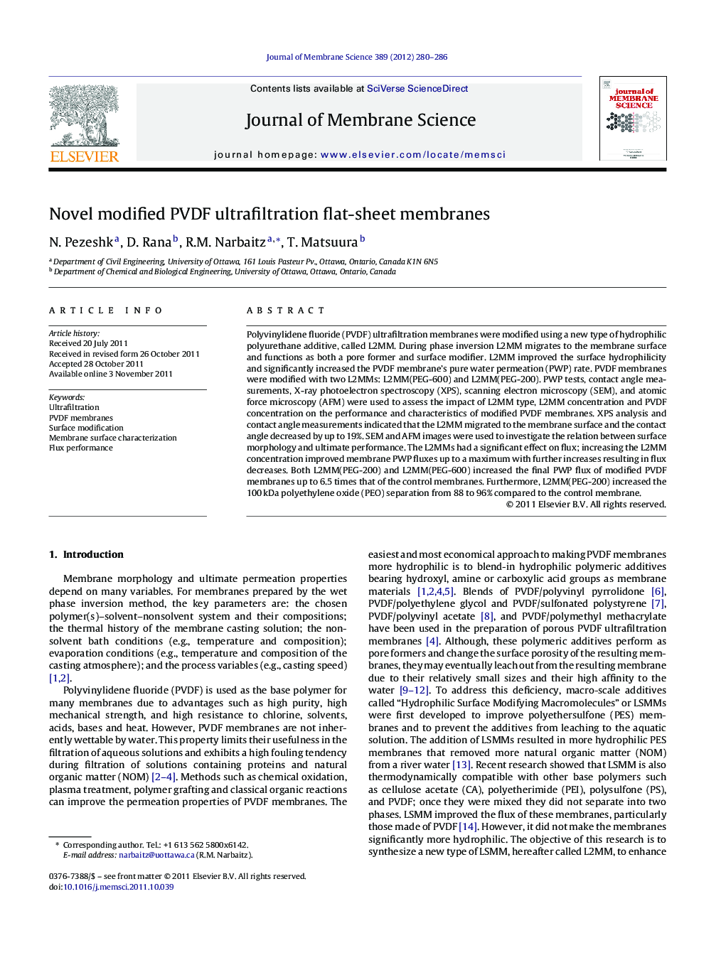 Novel modified PVDF ultrafiltration flat-sheet membranes