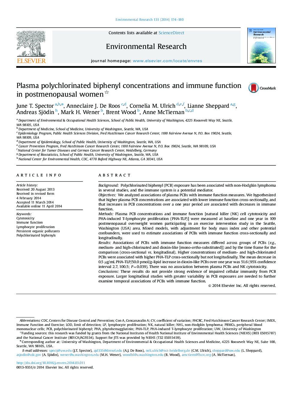 Plasma polychlorinated biphenyl concentrations and immune function in postmenopausal women